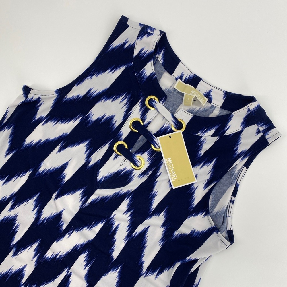 NEW Michael Kors Tunic Dress Womens Small Navy White Ikat Lace Up Gold